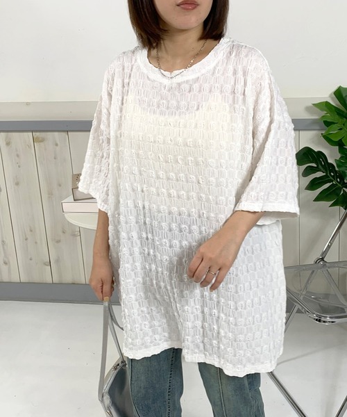 CRB(シーアールビー)の「シアー柄半袖Tチュニック(Tシャツ/カットソー・レディース・オフホワイト/ブラック・F)」の9枚目の写真