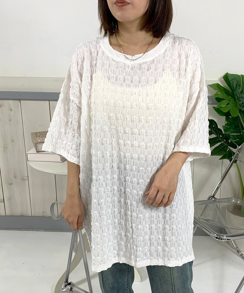 CRB(シーアールビー)の「シアー柄半袖Tチュニック(Tシャツ/カットソー・レディース・オフホワイト/ブラック・F)」の10枚目の写真