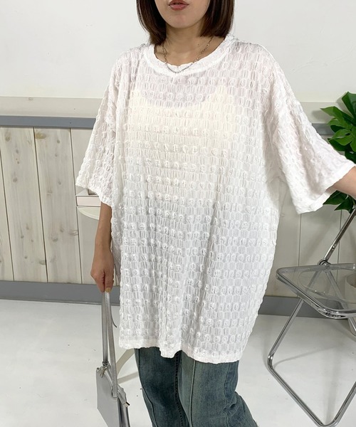 CRB(シーアールビー)の「シアー柄半袖Tチュニック(Tシャツ/カットソー・レディース・オフホワイト/ブラック・F)」の11枚目の写真