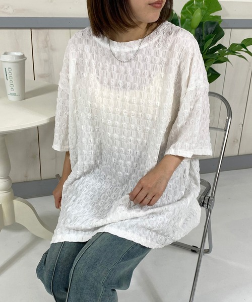 CRB(シーアールビー)の「シアー柄半袖Tチュニック(Tシャツ/カットソー・レディース・オフホワイト/ブラック・F)」の12枚目の写真