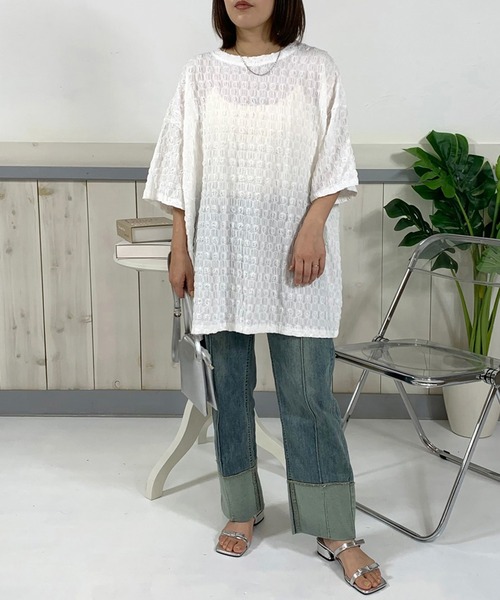 CRB(シーアールビー)の「シアー柄半袖Tチュニック(Tシャツ/カットソー・レディース・オフホワイト/ブラック・F)」の15枚目の写真