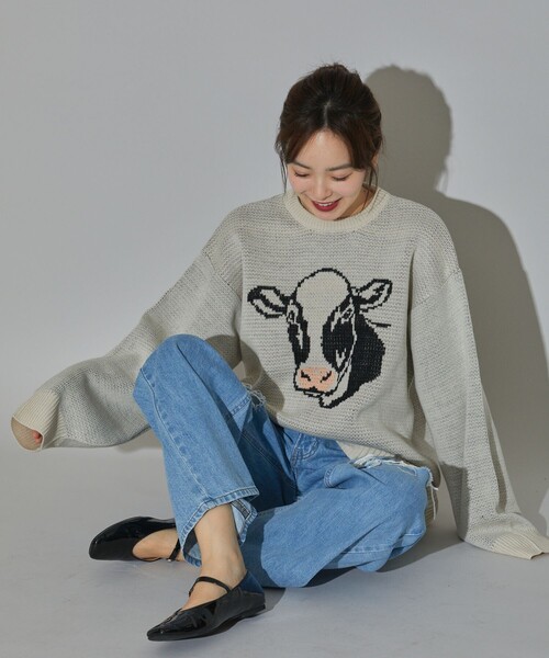 PUBLUX(パブリュクス)の「PUBLUX/パブリュクス アニマルモチーフ ビッグシルエット ジャガードニット 限定展開(ニット/セーター・レディース・ブルー/ブラック/オフホワイト/グリーン・フリ-)」の15枚目の写真