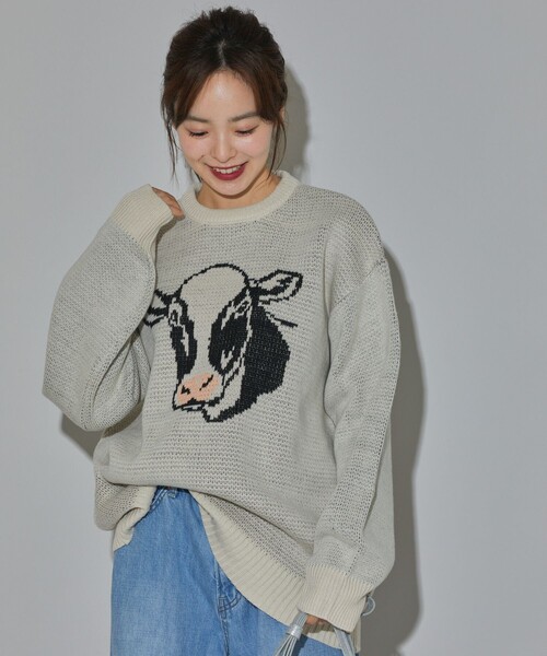 PUBLUX(パブリュクス)の「PUBLUX/パブリュクス アニマルモチーフ ビッグシルエット ジャガードニット 限定展開(ニット/セーター・レディース・ブルー/ブラック/オフホワイト/グリーン・フリ-)」の16枚目の写真
