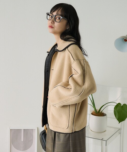 FREAK'S STORE（フリークスストア）の「襟付き リバーシブルチェックボアジャケット（ステンカラーコート・レディース・ベージュ/グレー・ﾌﾘ-）」の6枚目の写真