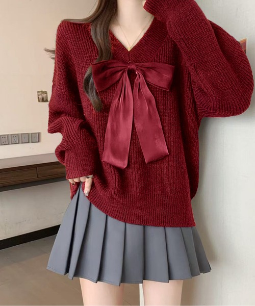 ビッグリボンVネックニットプルオーバー（ニット/セーター）｜AMAJI（アマジ）