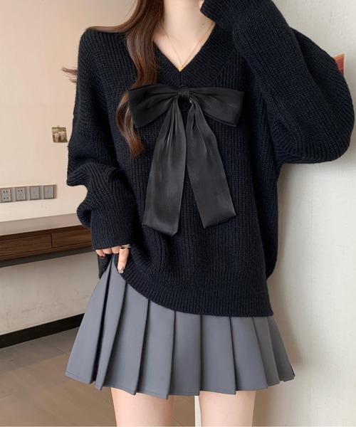 ビッグリボンVネックニットプルオーバー（ニット/セーター）｜AMAJI（アマジ）