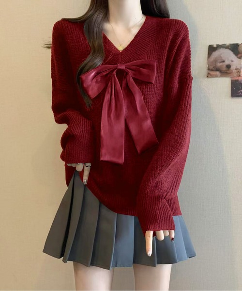 ビッグリボンVネックニットプルオーバー（ニット/セーター）｜AMAJI（アマジ）