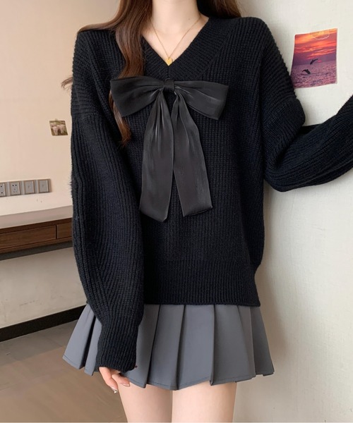 ビッグリボンVネックニットプルオーバー（ニット/セーター）｜AMAJI（アマジ）