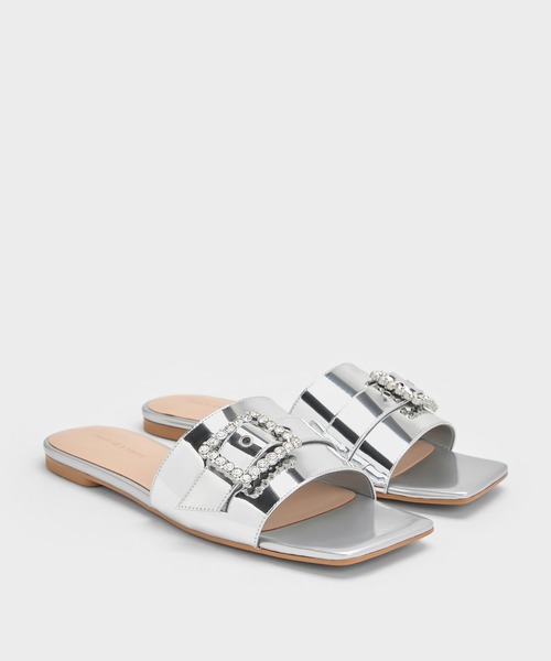 CHARLES&KEITH◆ジェムバックル スクエアトゥ スライドサンダル CHARLES & KEITH｜ジェムバックル スクエアトゥスライドサンダル