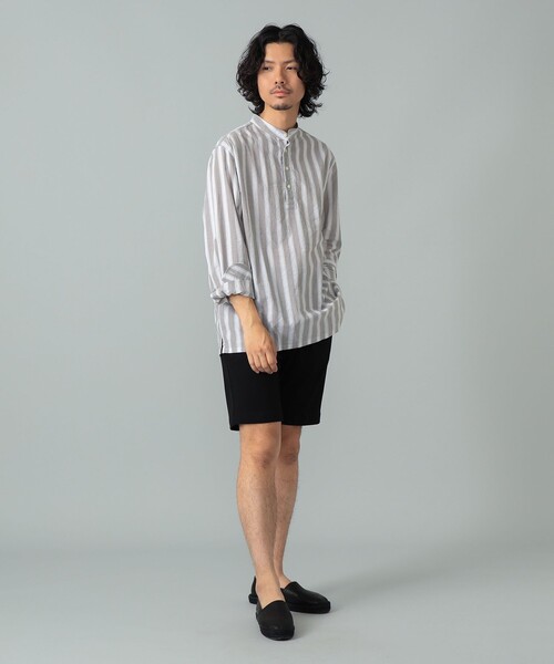 GUY ROVER（ギローバー）の「【別注】GUY ROVER / コットンリネン ストライプ バンドカラー プルオーバーシャツ（シャツ/ブラウス・メンズ・ライトブラウン・42(XL)/37(XS)/41(L)/38(S)/39(M)）」の7枚目の写真