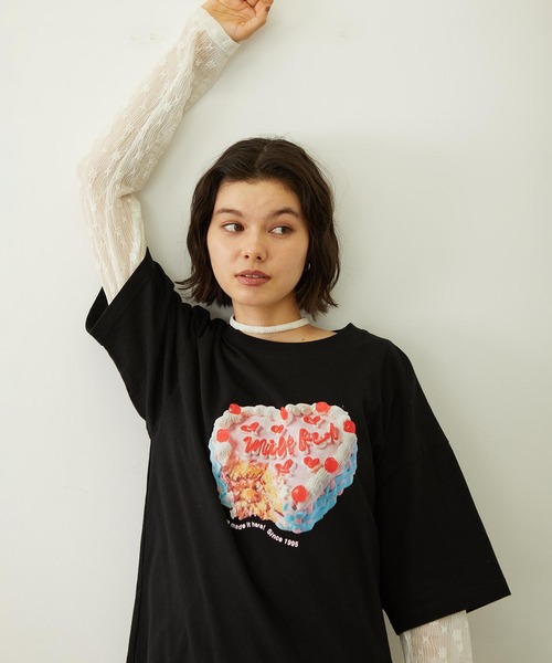 tシャツ Tシャツ ミルクフェド MILKFED ANNIVERSARY CAKE WIDE SS TEE レディース ブランド 黒 夏 ブラック ANNIVERSARY CAKE WIDE S/S TEE（Tシャツ/カットソー）｜MILKFED