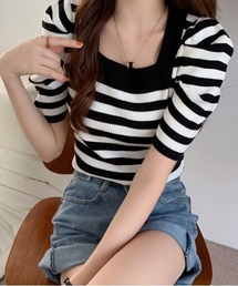 立体感のあるパワーショルダー半袖サマーニット ボリューム袖が映える　夏服ビジネス対応ニット