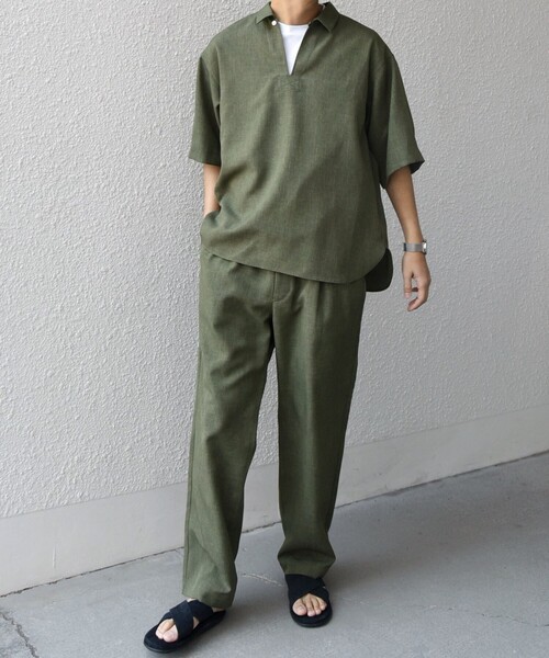 SHIPS シップス スリーブ スキッパー 半袖リネンシャツ プルオーバー SHIPS any:〈洗濯機可能〉リネンライク スキッパー プルオーバー