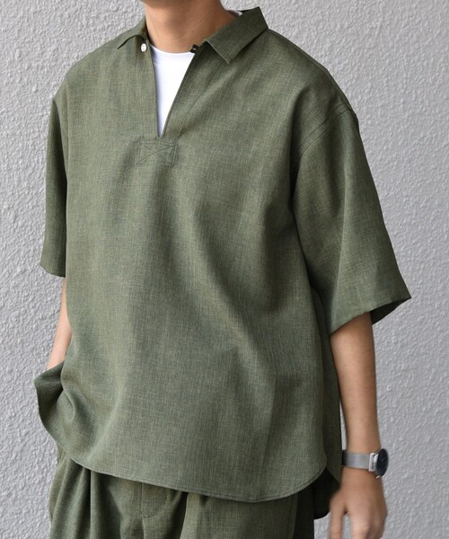 SHIPS シップス スリーブ スキッパー 半袖リネンシャツ プルオーバー SHIPS any:〈洗濯機可能〉リネンライク スキッパー プルオーバー