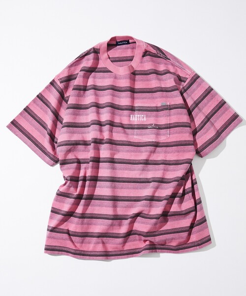 NAUTICA - 【ノーティカ❗️】サーモンピンク　ニット　カットソー　刺繍ロゴ　ワンポイント NAUTICA/Garment Pigment Dyed Hidden Logo Multi Border S/S