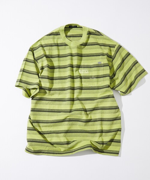 NAUTICA(ノーティカ)の「NAUTICA/ノーティカ Garment Pigment Dyed Hidden Logo Multi Border S/S Tee/ピグメントダイ ヒドゥンロゴ マルチボーダー 半袖(Tシャツ/カットソー・メンズ・ブラック/ピンク/グリーン/ベージュ/イエロー・MEDIUM/LARGE/X-LARGE)」の3枚目の写真
