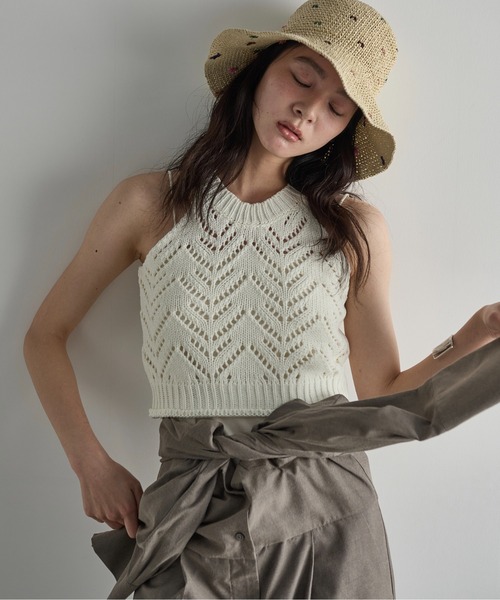 THE YOn（ザヨン）の「針抜きジャガードアメスリニットトップス（タンクトップ・レディース・ライトグリーン/オフホワイト/ブラック・FREE）」の2枚目の写真