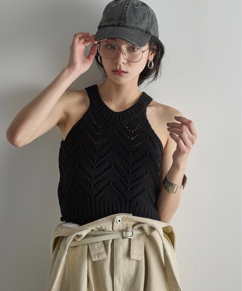 THE YOn（ザヨン）の「針抜きジャガードアメスリニットトップス（タンクトップ・レディース・ライトグリーン/オフホワイト/ブラック・FREE）」の14枚目の写真