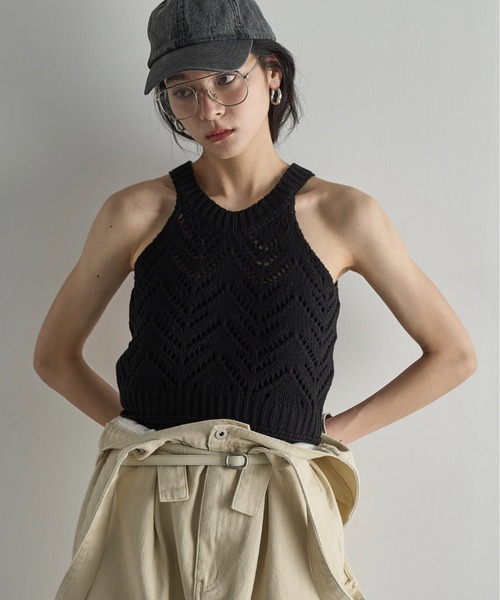 THE YOn（ザヨン）の「針抜きジャガードアメスリニットトップス（タンクトップ・レディース・ライトグリーン/オフホワイト/ブラック・FREE）」の15枚目の写真