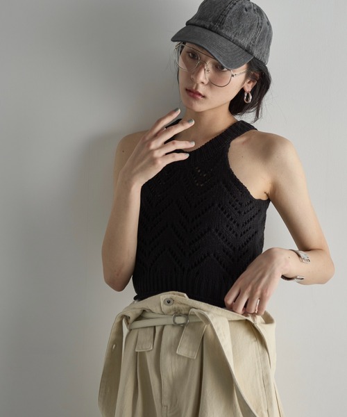 THE YOn（ザヨン）の「針抜きジャガードアメスリニットトップス（タンクトップ・レディース・ライトグリーン/オフホワイト/ブラック・FREE）」の16枚目の写真