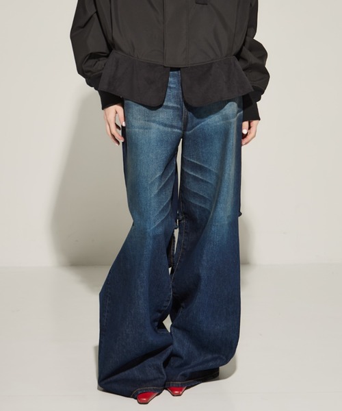 STUDIOUS 美品♡ジョンローレンスサリバン デニムワイドパンツ BLACK RIGID DENIM WIDE PANTS (SHORT LENGTH)(XS BLACK×BLACK): JOHN