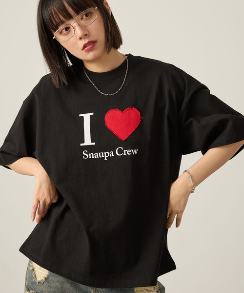 Snap club】ダメージハートパッチワーク グラフィック半袖Tシャツ（T
