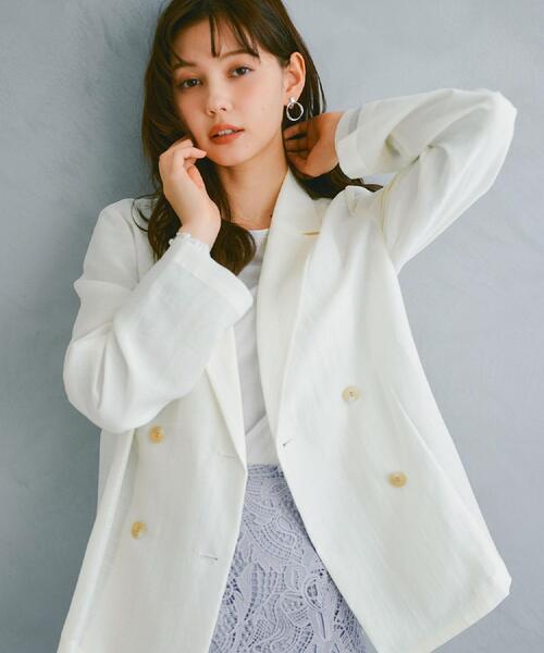 セール】麻調シアーダブルブレストテーラードジャケット【洗濯機洗い可