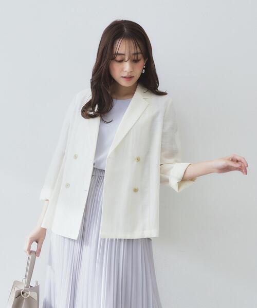 セール】麻調シアーダブルブレストテーラードジャケット【洗濯機洗い可