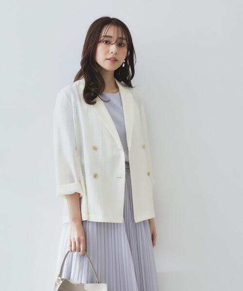index(インデックス)の「麻調シアーダブルブレストテーラードジャケット【洗濯機洗い可】(テーラードジャケット・レディース・ブラック/アイボリー/キャメル・42/38/36/40)」の9枚目の写真