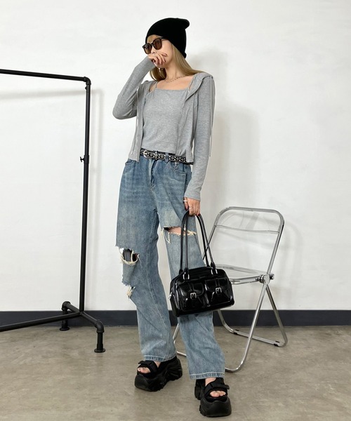 non-hedge（ノンヘッジ）の「ジップフードストーンロゴキャミソールセット（パーカー・レディース・グレー/ブラック/オフホワイト・FREE）」の8枚目の写真