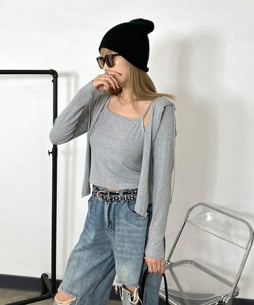 non-hedge（ノンヘッジ）の「ジップフードストーンロゴキャミソールセット（パーカー・レディース・グレー/ブラック/オフホワイト・FREE）」の9枚目の写真