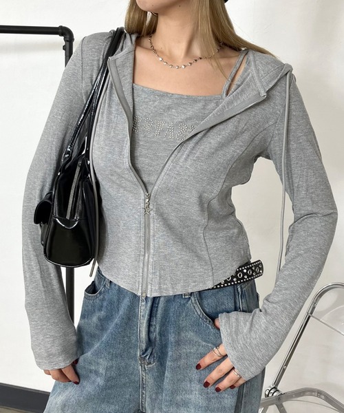 non-hedge（ノンヘッジ）の「ジップフードストーンロゴキャミソールセット（パーカー・レディース・グレー/ブラック/オフホワイト・FREE）」の11枚目の写真