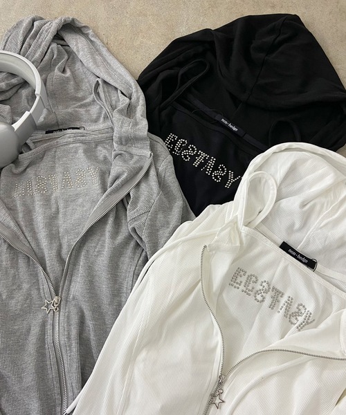 non-hedge（ノンヘッジ）の「ジップフードストーンロゴキャミソールセット（パーカー・レディース・グレー/ブラック/オフホワイト・FREE）」の4枚目の写真