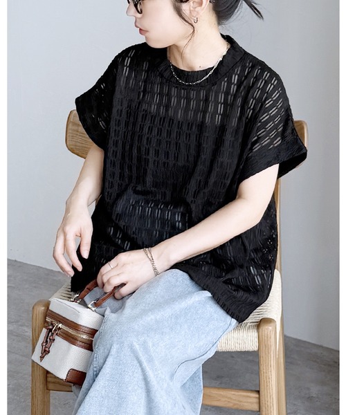 reca（レカ）の「柄レースフレンチスリーブ（Tシャツ/カットソー・レディース・アイボリー/ブラック・M）」の2枚目の写真