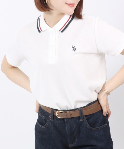 U.S. POLO ASSN.(ユーエスポロアッスン)の「U.S.POLO ASSN. ワンポイント刺繍 鹿の子ポロシャツ/半袖/襟ライン/レギュラーフィット/レディース(ポロシャツ・レディース・ブラック/サックスブルー/オレンジ/ネイビー系2/ネイビー系1/ベージュ/ホワイト/ネイビー系3/ピンク/ホワイト系その他/イエロー/ブラック系その他・L/M)」の2枚目の写真