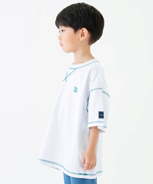 and D. petit main(アンドディープティマイン)の「【綿100%】配色ステッチビッグ半T(Tシャツ/カットソー・キッズ・ホワイト/グリーン/ピンク・90cm/100cm/120cm/150cm/140cm/130cm/110cm)」の4枚目の写真