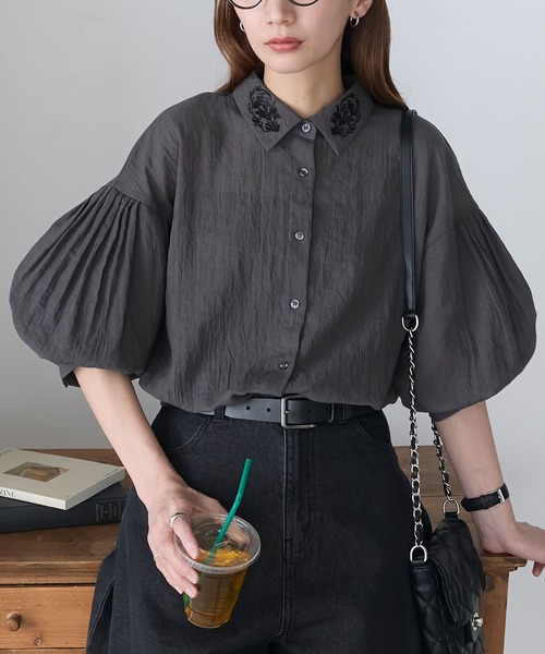購入未定いいねはお控下さいAMERIvintage 長袖バルーンスリーブシャツ セール】襟刺繍バルーンスリーブシアーシャツ（シャツ/ブラウス