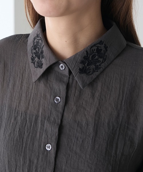 襟刺繍バルーンスリーブシアーシャツ（シャツ/ブラウス