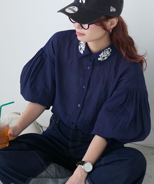 セール】襟刺繍バルーンスリーブシアーシャツ（シャツ/ブラウス