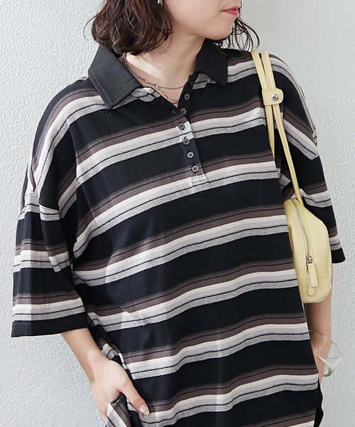 NUNIFE（ユニフィー）の「【ユニセックス】マルチボーダーポロトップス（Tシャツ/カットソー・レディース・ホワイト系その他/グリーン系その他/ブラック系その他・FREE）」の2枚目の写真