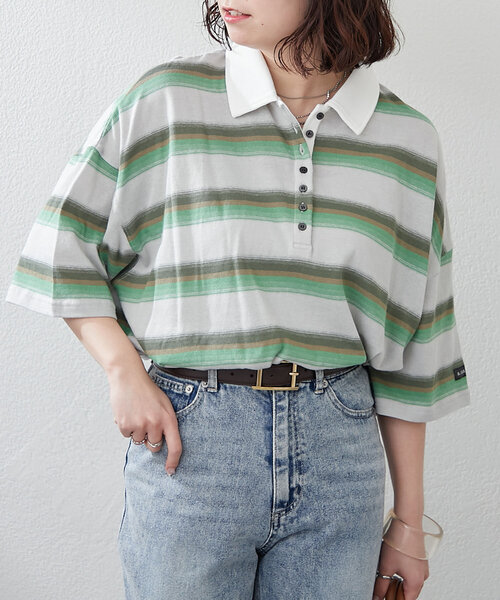 NUNIFE（ユニフィー）の「【ユニセックス】マルチボーダーポロトップス（Tシャツ/カットソー・レディース・ホワイト系その他/グリーン系その他/ブラック系その他・FREE）」の3枚目の写真