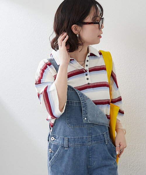 NUNIFE（ユニフィー）の「【ユニセックス】マルチボーダーポロトップス（Tシャツ/カットソー・レディース・ホワイト系その他/グリーン系その他/ブラック系その他・FREE）」の7枚目の写真