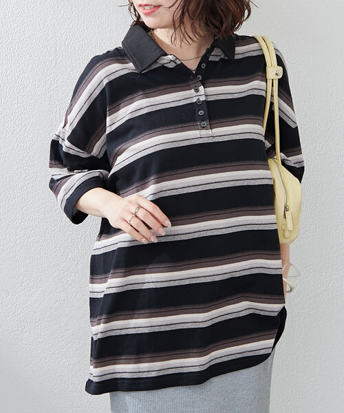 NUNIFE（ユニフィー）の「【ユニセックス】マルチボーダーポロトップス（Tシャツ/カットソー・レディース・ホワイト系その他/グリーン系その他/ブラック系その他・FREE）」の21枚目の写真