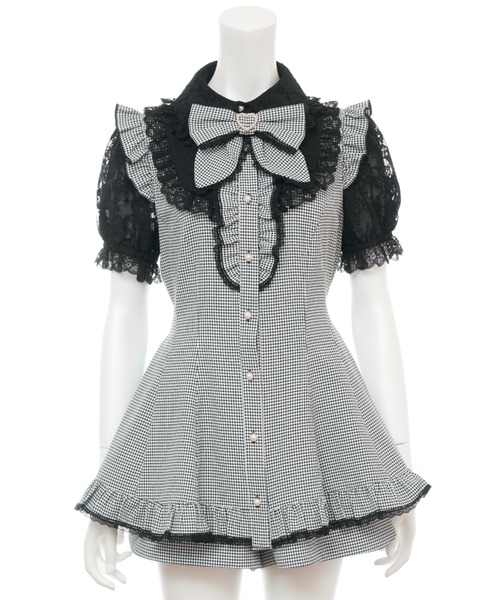 フリルヨークリボンセットアップ ブラックチェック 新品タグ付♡リズリサ♡フリルヨークリボンセットアップ