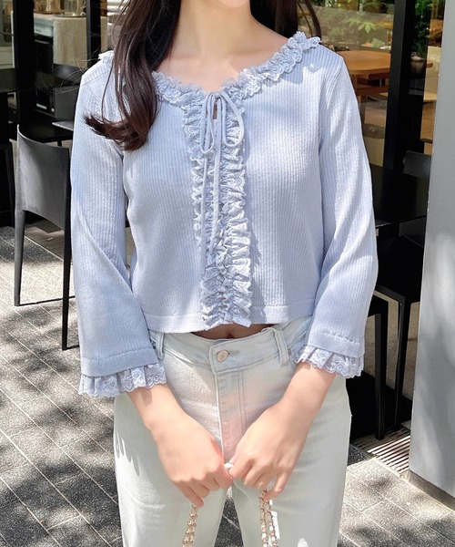 INGNI（イング）の「フリル5分袖ニットカーディガン（カーディガン/ボレロ・レディース・アイボリー/サックスブルー/ピンク・M）」の22枚目の写真