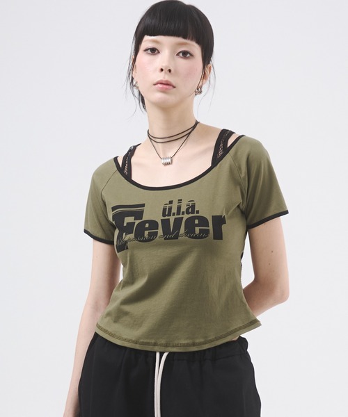 d.i.a.(ダイヤ)の「メッシュドッキングプリントTシャツ(Tシャツ/カットソー・レディース・カーキ/ピンク/ブルー/ホワイト/ブラック・FREE)」の9枚目の写真