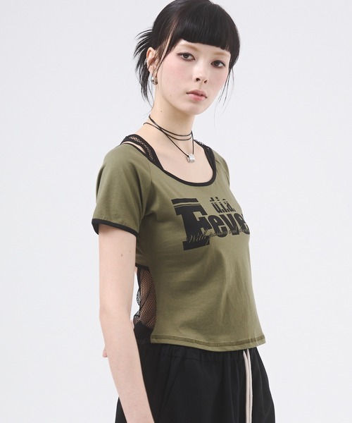 d.i.a.(ダイヤ)の「メッシュドッキングプリントTシャツ(Tシャツ/カットソー・レディース・カーキ/ピンク/ブルー/ホワイト/ブラック・FREE)」の10枚目の写真