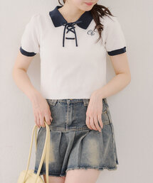 【韓国ガーリー叶う】レースアップポロ