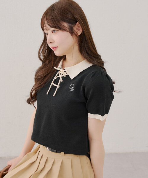 Another Branch olive des olive（アナザーブランチオリーブデオリーブ）の「【韓国ガーリー叶う】レースアップポロ（ニット/セーター・レディース・ピンクベージュ/アイボリー/ブラック・FREE）」の3枚目の写真