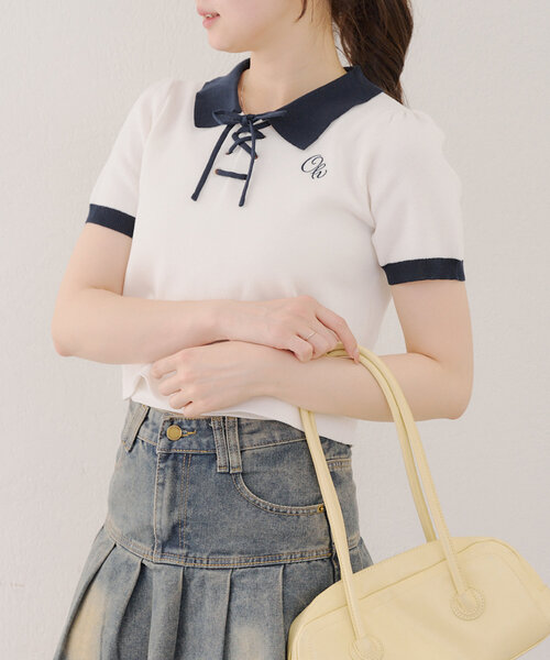 Another Branch olive des olive（アナザーブランチオリーブデオリーブ）の「【韓国ガーリー叶う】レースアップポロ（ニット/セーター・レディース・ピンクベージュ/アイボリー/ブラック・FREE）」の4枚目の写真